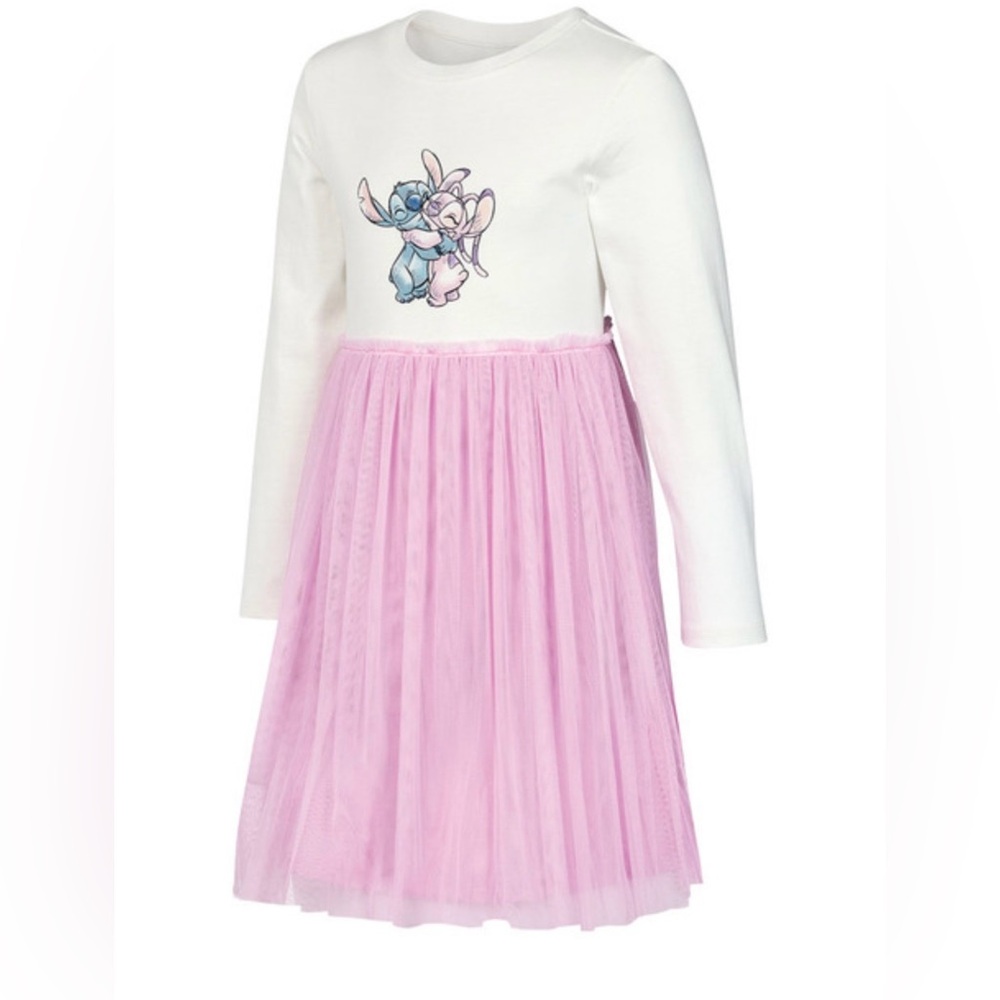 Disney Stitch Girls Dress XS 4-5 Long Sleeve Pink White Cotton NEW